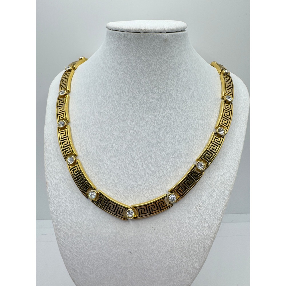 Vintage Nolan Miller Gold Tone Greek Key Black Enamel Crystal Choker Necklace